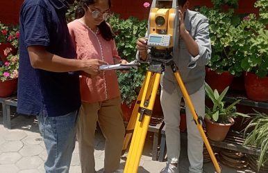 Students participating in the Survey Competition demonstrating field measurement techniques