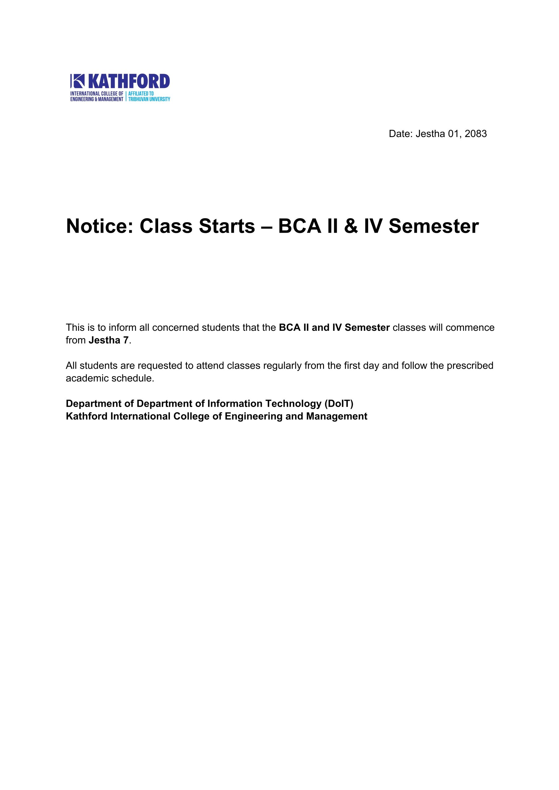 Notice: Class Starts – BCA II & IV Semester