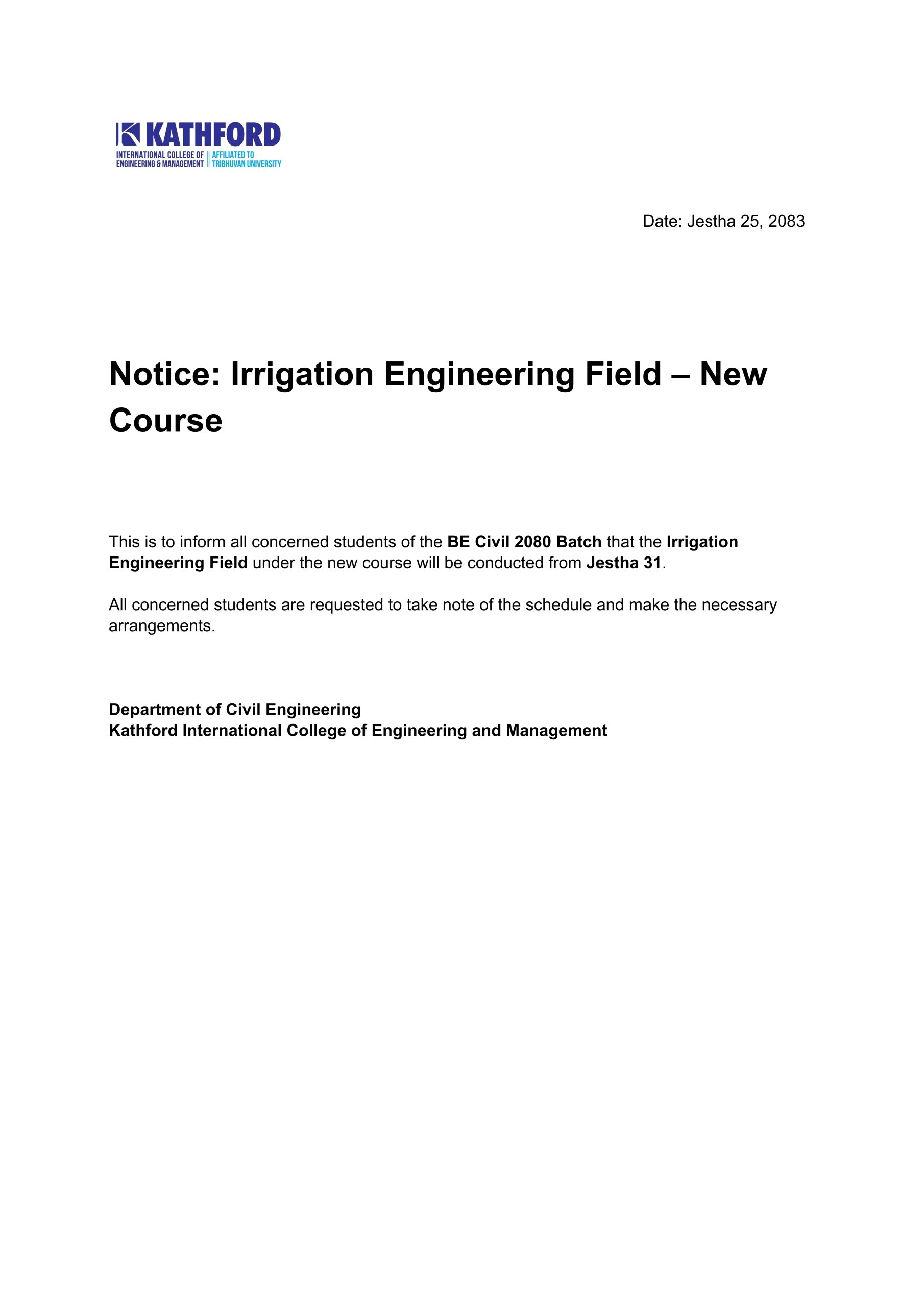 Notice: Irrigation Engineering Field – New Course