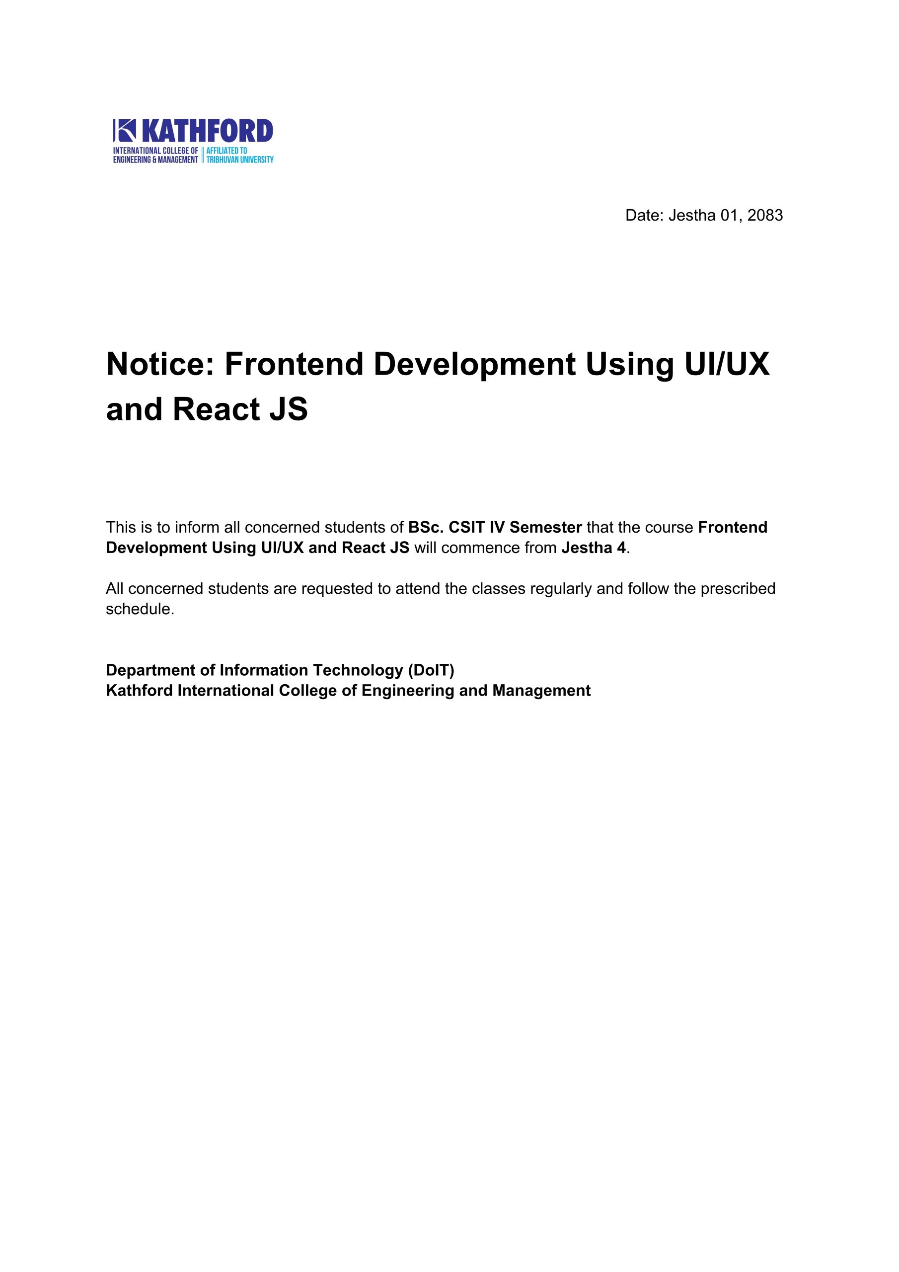 Notice: Frontend Development Using UI/UX and React JS