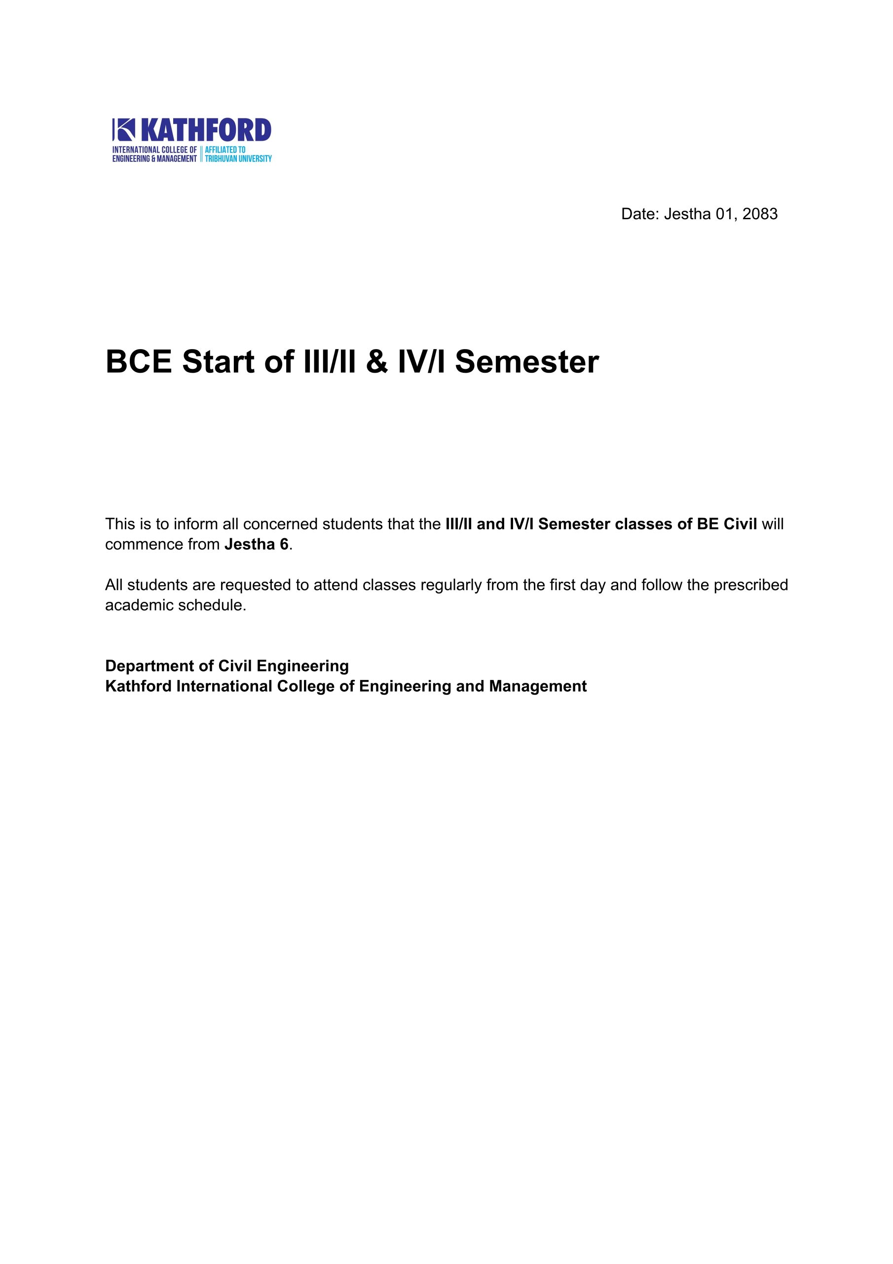BCE Start of III/II & IV/I Semester