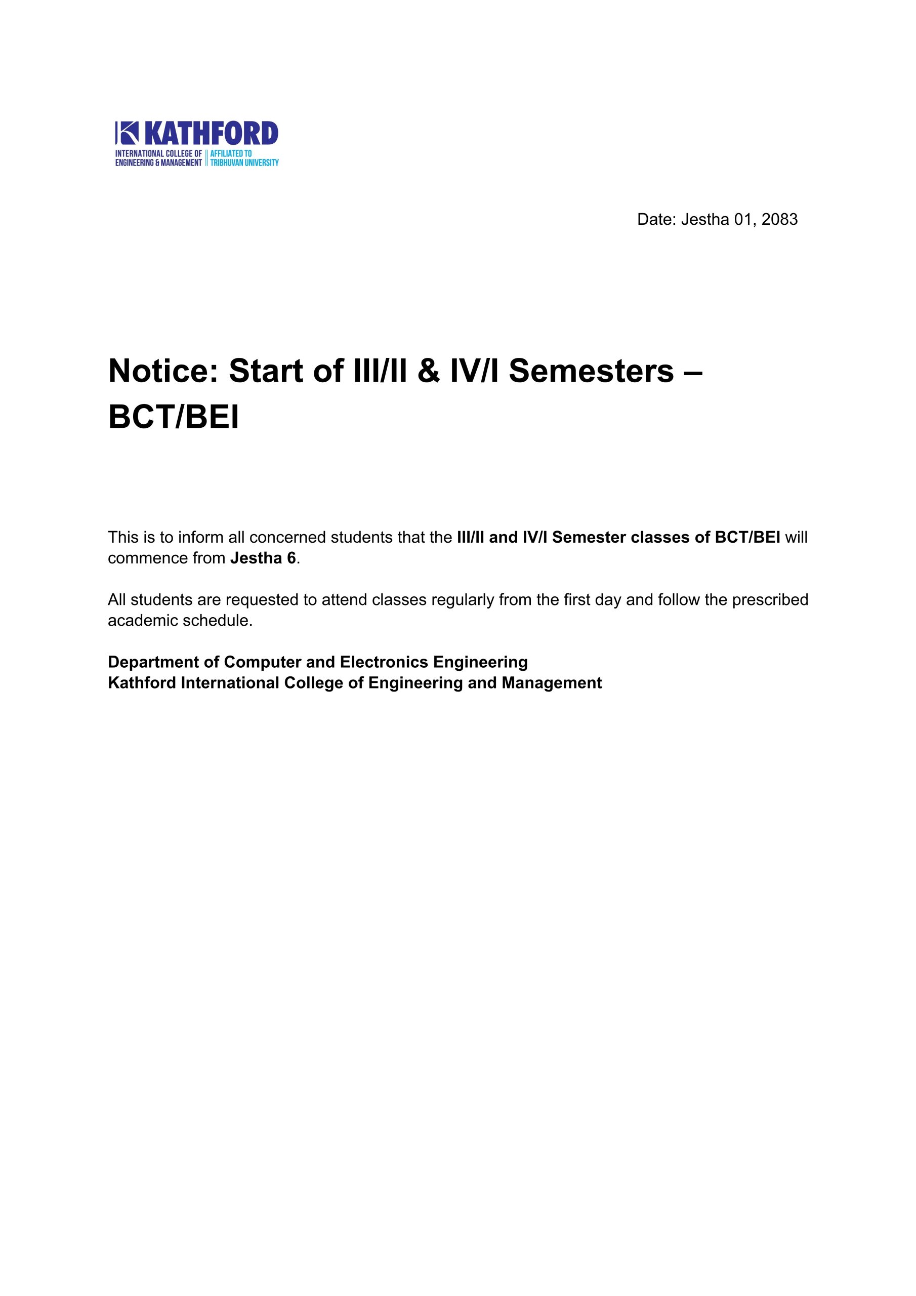 Notice: Start of III/II & IV/I Semesters – BCT/BEI